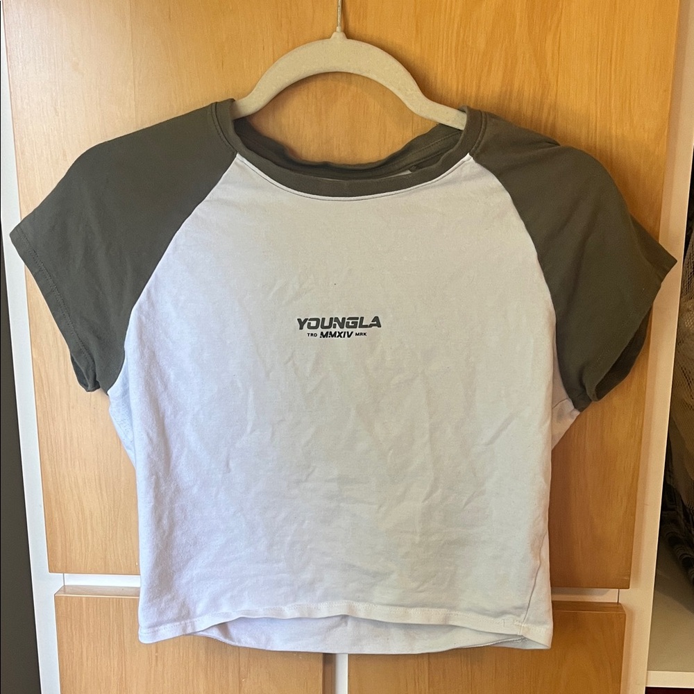YoungLA White Crop Raglan Tee with Olive Sleeves